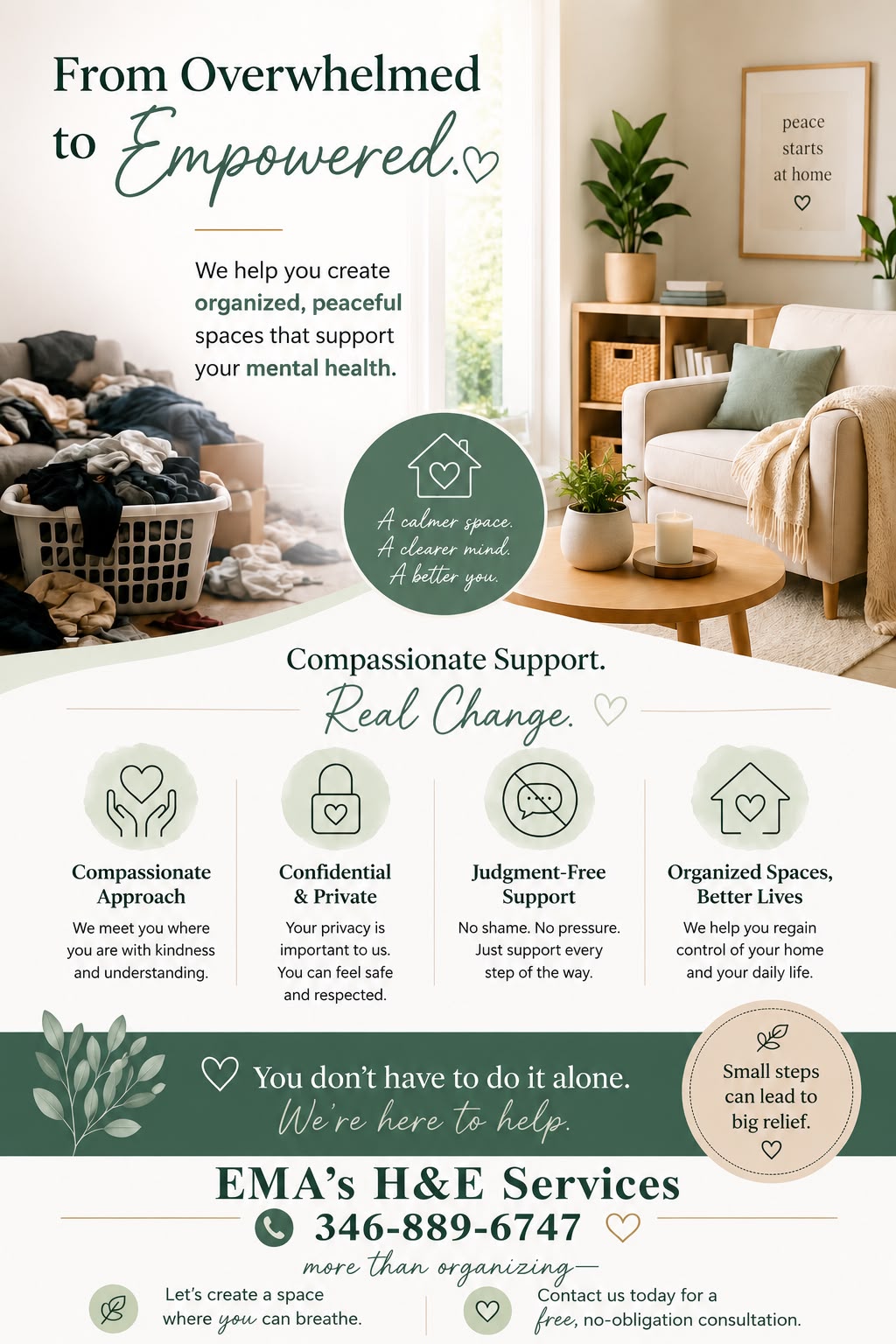 EMA's H&E Services flyer showing organized and peaceful home spaces